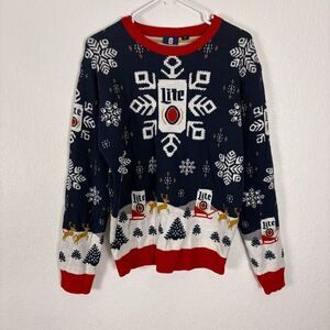 Miller Lite Blue Holiday Sweater Crewneck Pullover Snowflake Print Men's Size Me